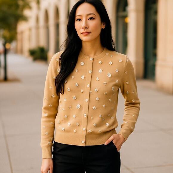 J. Crew Embellished Cardigan Sweater Small Gold Beaded Sequin Holiday Party NEW - Picture 12 of 12